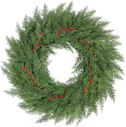 26 inch Lush Christmas Wreaths for Front Door with Red Berries Christmas Decorations Real Touch F... | Amazon (US)