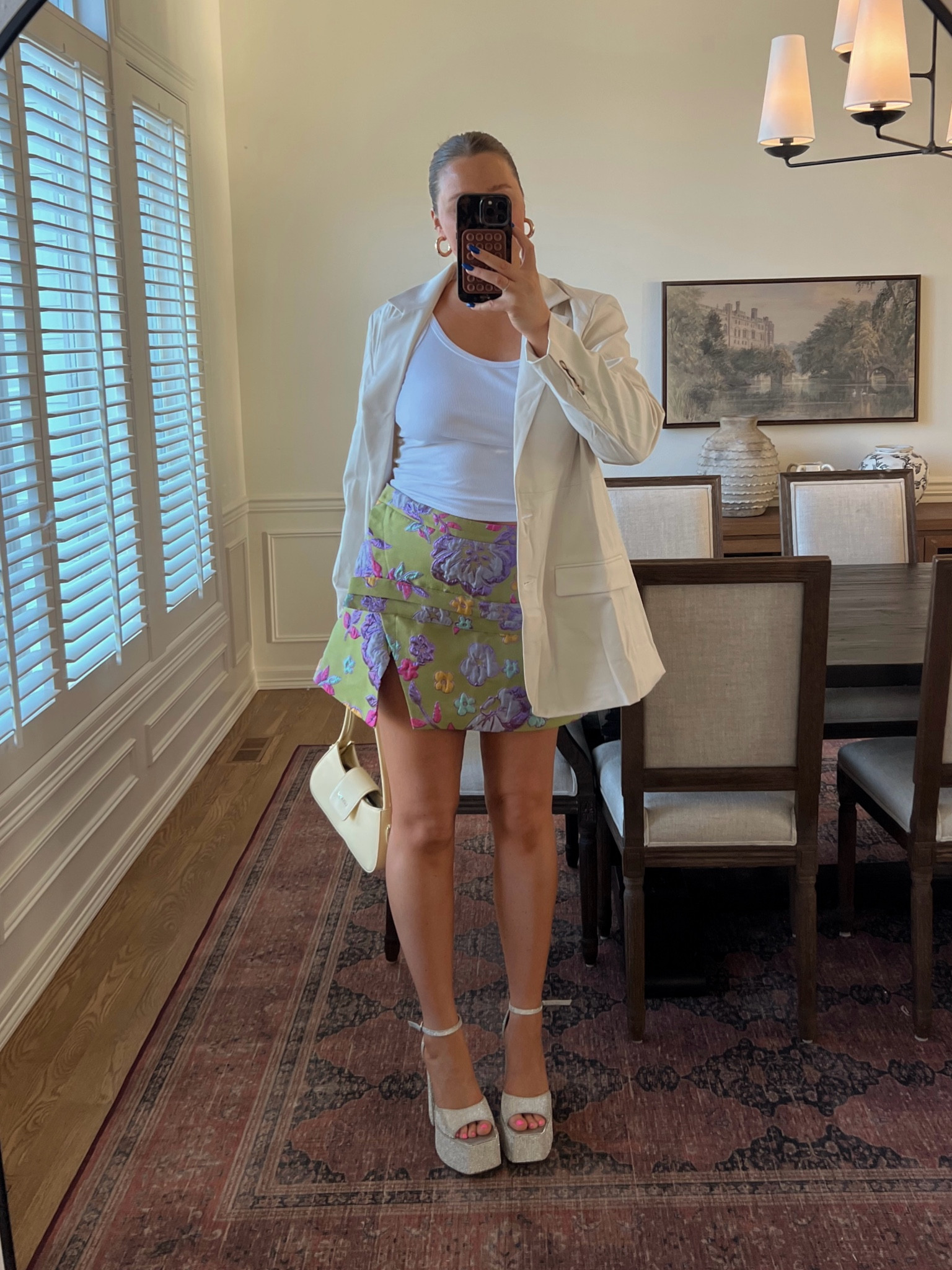 Blazer, tank and skirt all size large! Tts. Skirt is a little bit but I didn’t want the buttons to pull. Amazon bag!! Linked similar platform sparkly heels 

