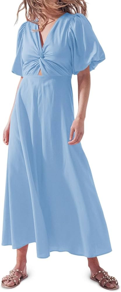 Fisoew Womens Puff Short Sleeve Midi Dress Twist Front V Neck Flowy Dresses for Summer | Amazon (US)