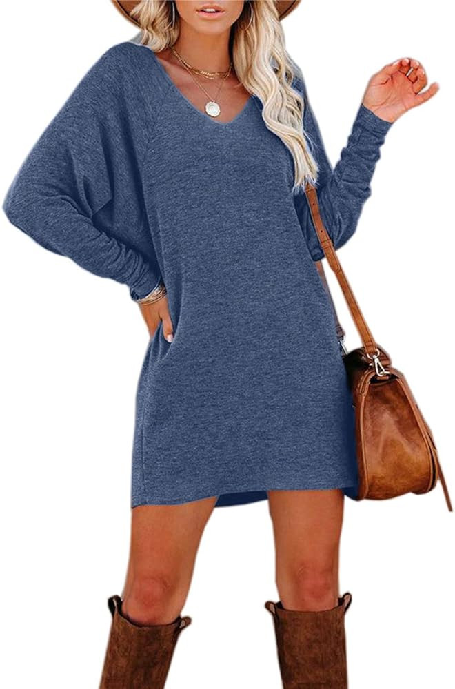 Murushe Women's Loose Plain Long Sleeve T-Shirt Dresses Fashion Elegant V-Neck Casual Short Dress... | Amazon (US)