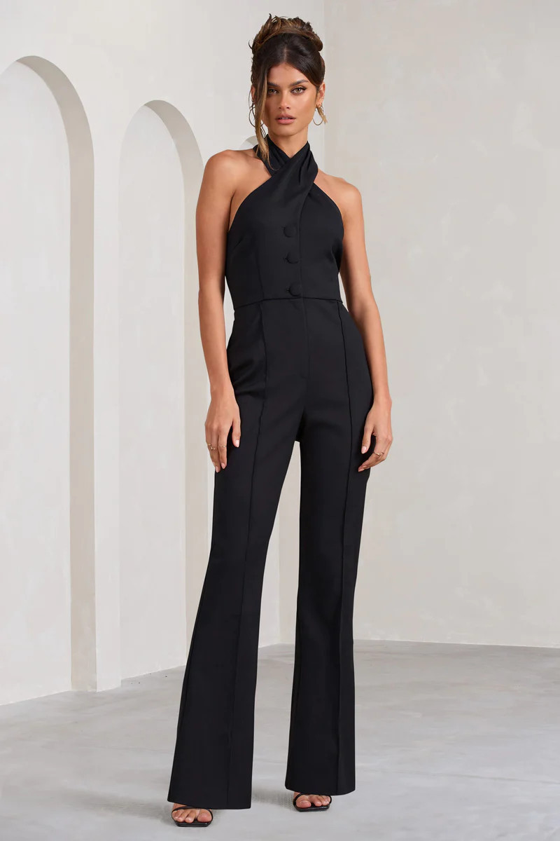 Don't Cross Me | Black Halter Neck Tailored Buttoned Sleeveless Jumpsuit | Club L London IE
