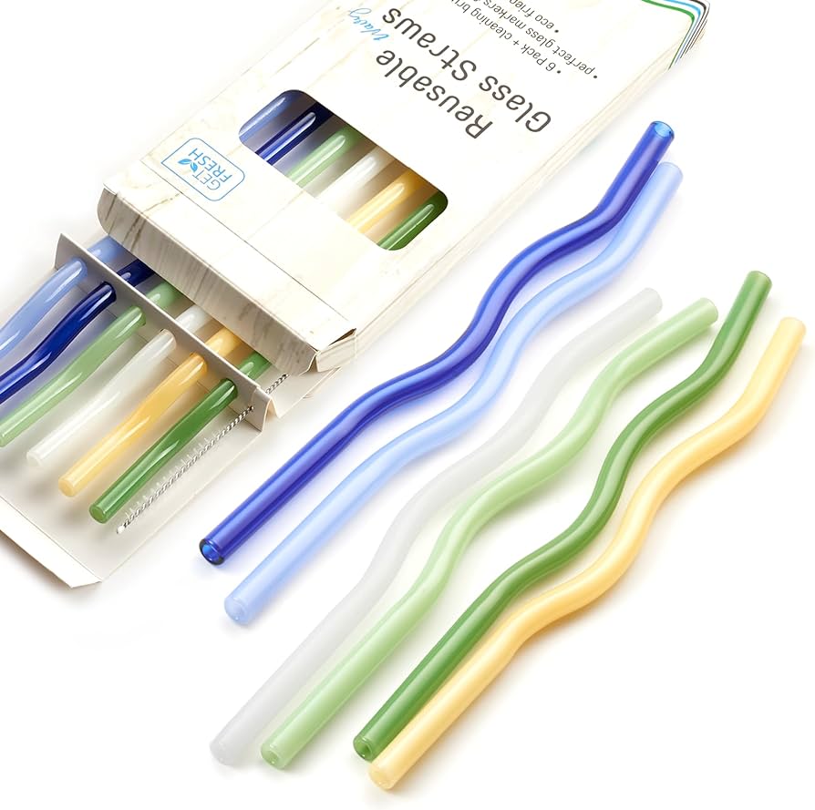 GET FRESH Reusable Wavy Glass Drinking Straws Set - 6pcs Colored Reusable Glass Drinking Straws S... | Amazon (US)