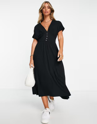 ASOS DESIGN waisted midi tea dress with buttons in black | ASOS (Global)