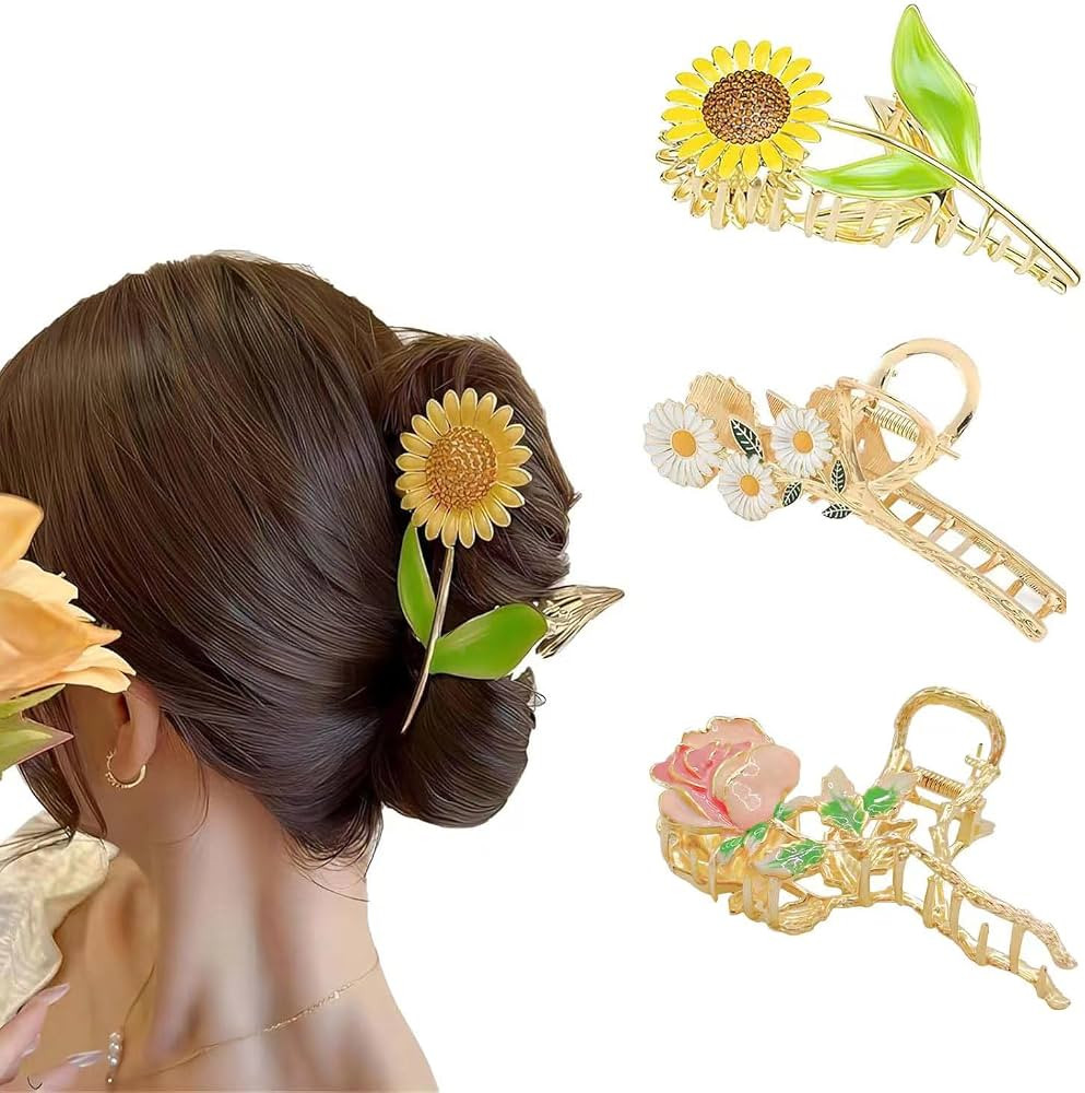 3 Pcs Metal Flower Claw Clip Set - Rose, Daisy, and Sunflower Large Hair Clips for Strong Hold on... | Amazon (US)