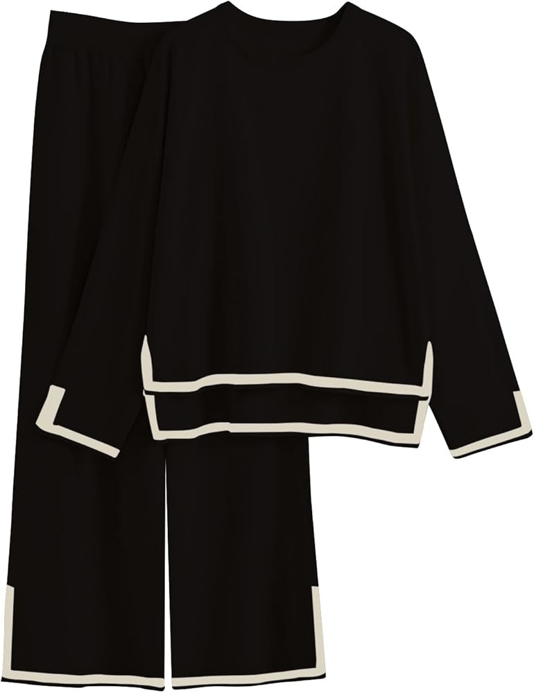 VELISDE Women's Lounge Set Sweater Set 2 Piece Outfits Knit Set Long Sleeve Pullover Top Wide Leg... | Amazon (US)