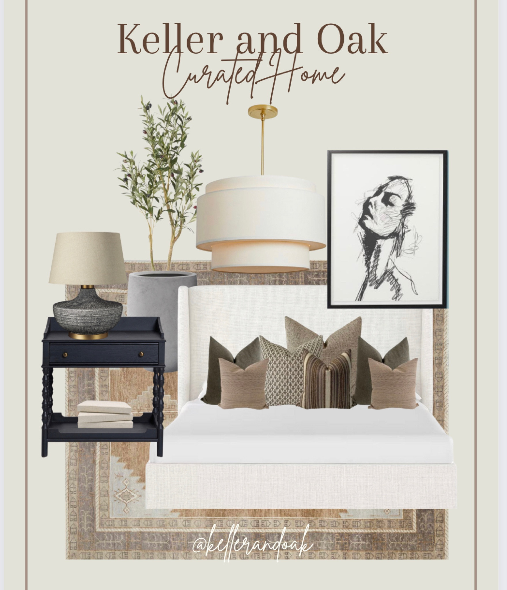 Calm neutral bedroom, bedroom design, area rug, upholstered bed, nightstands, oversized lamps, neutral decor, olive tree, pendant light 

#ltkhome #kellerandoak #bedroomdesign #homegoods #wayfairsale #etsyhome #kellerandoak 
