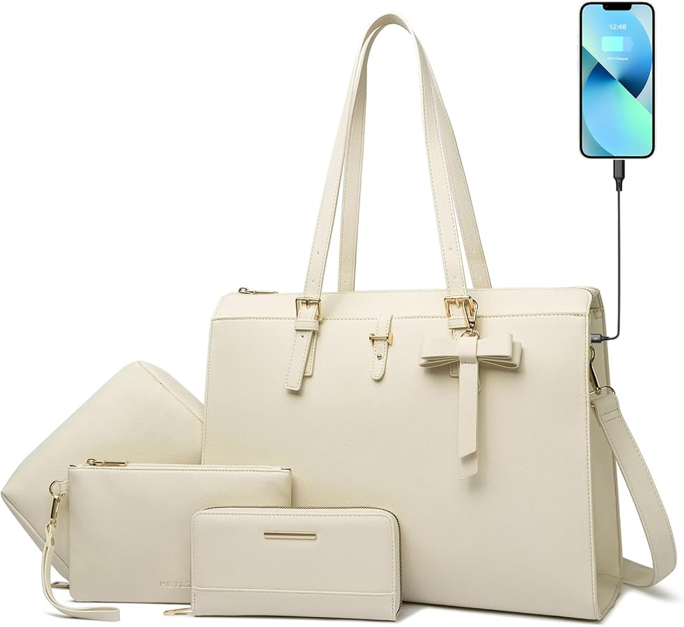 Keyli 4pc Sets Laptop Bag for Women Large Leather Laptop Briefcase with USB Charging Port Compute... | Amazon (US)