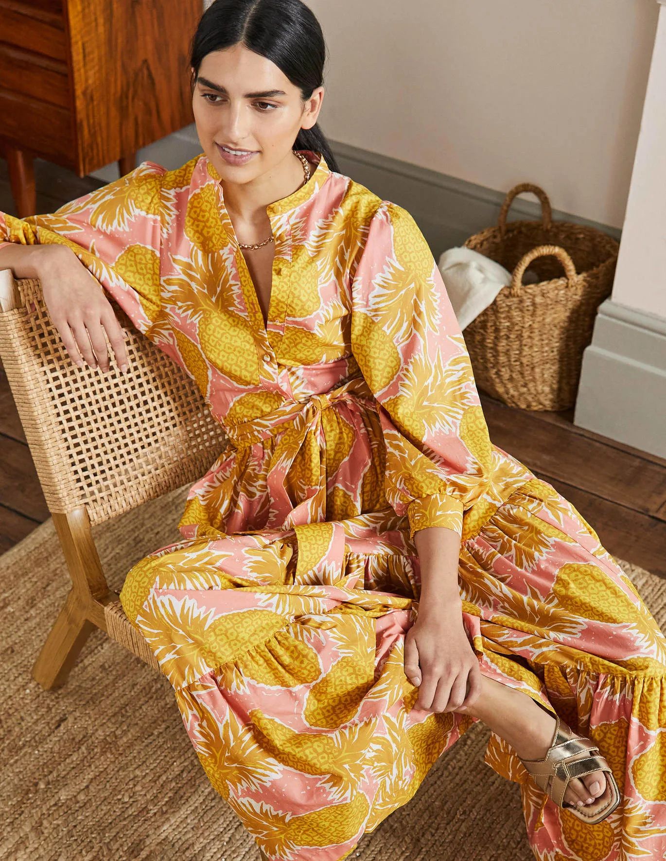 Ava Tiered Maxi Dress - Brioche, Pineapple Cluster | Boden UK | Boden (UK & IE)