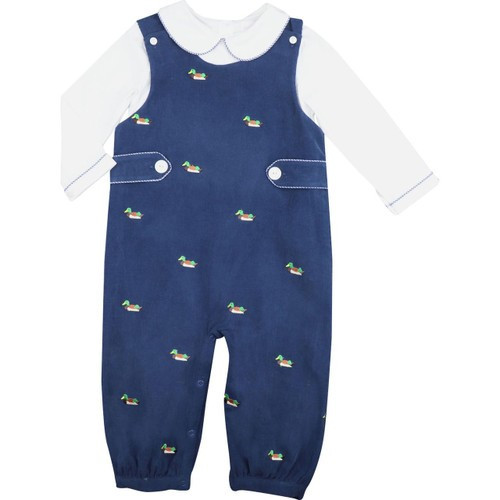 Navy Corduroy Embroidered Mallard Long Romper (Shirt Included): Shipping Mid-November | Cecil and Lou