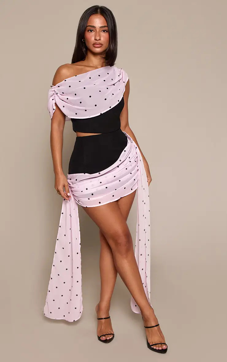 Skirts | Petite Pink Polka Dot Chiffon Tie Side Mini Skirt | PrettyLittleThing | PrettyLittleThing UK