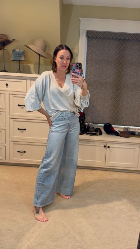 These jeans (or sweatpants?) still trying to decide what to call them 🤷🏻‍♀️ are incredible! Seriously I am so impressed with how they look like jeans but feel like sweatpants. And this shirt is so buttery soft. Perfect spring outfit! Wearing size 25 in pants and size small in shirt. 

#LTKstyletip #LTKVideo #LTKover40