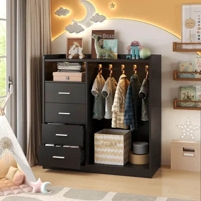 Black 4-Drawer Wardrobe Closet Organizer with LED Lights & Charging Station - Large Hanging Closet with Open Shelves, Modern Bedroom Storage Cabinet | Wayfair North America
