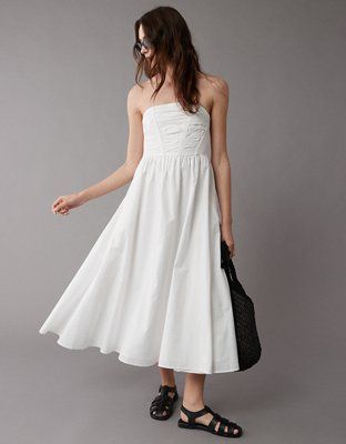 AE Strapless Ruched Poplin Midi Dress | American Eagle Outfitters (US & CA)