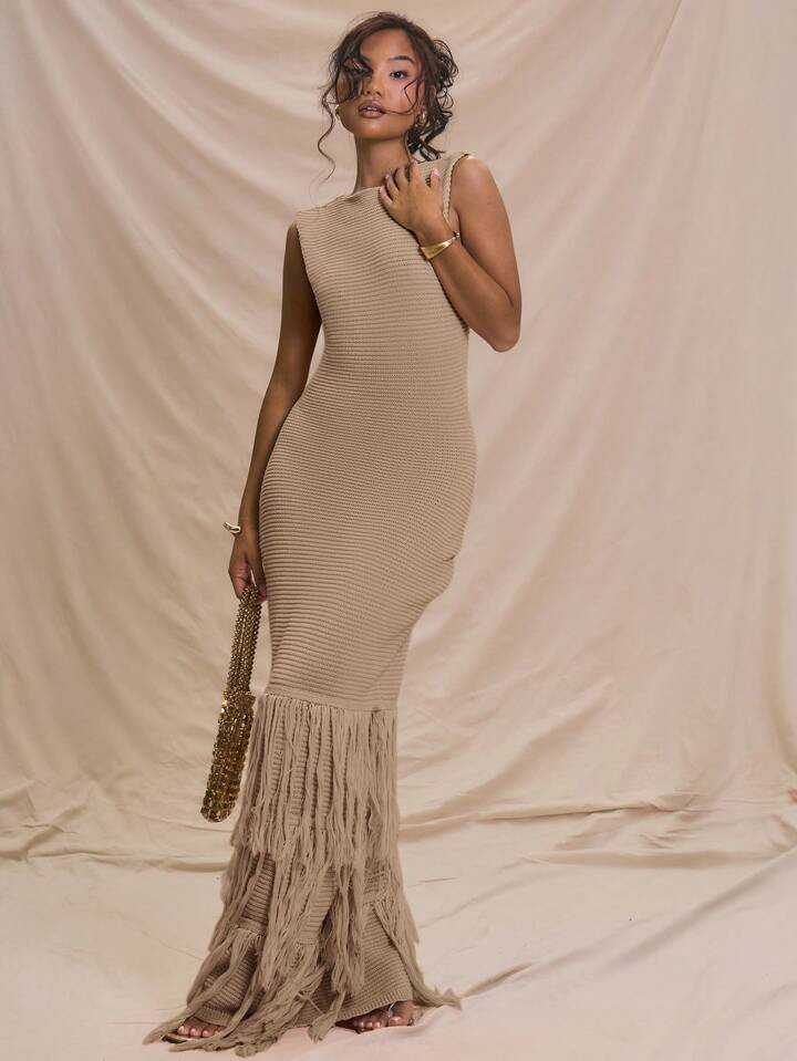 MUSERA Sleeveless Ribbed Maxi Dress Frill Fray Hem Detail Summer Holiday Vacation Sweater Dress Ibiza | SHEIN