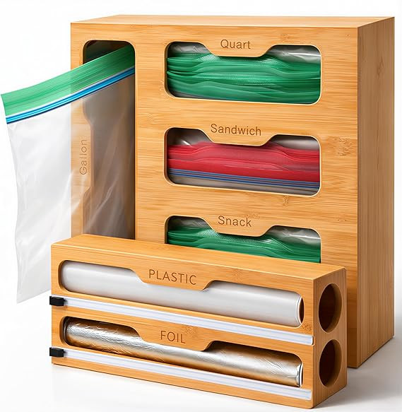 Bamboo Food Storage Bag Organizer for Drawer with Foil & Plastic Wrap Dispenser – 4 in 1 Premiu... | Amazon (US)