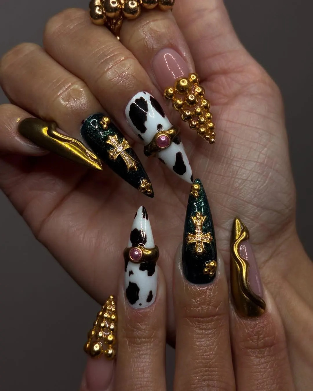 Cow Print Gothic Press on Nails by Auritanail | Black Gold Gothic Fake Nails | Luxury Gothic Nail... | Etsy (US)