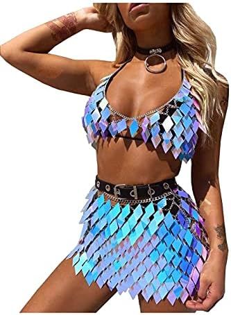 Fstrend Sequins Tassels Body Chain Outfits Bra Skirt Bikini Rave Festival Party Beach Fashion Clubwe | Amazon (US)