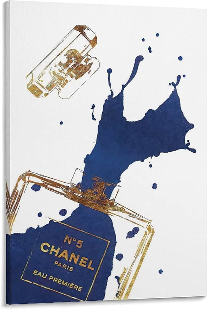 Wall Art HD Canvas Print Gold Perfume Bottle with Navy Blue Splash Modern Women's Room Decor Amer... | Amazon (US)
