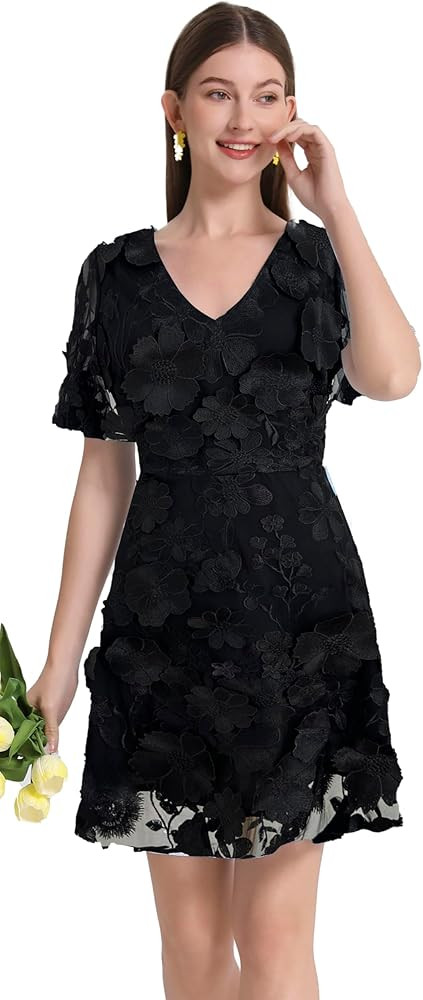 LAI MENG FIVE CATS Women's Summer 3D Floral Embroidery Mesh V-Neck Lace Mini Dress | Amazon (US)