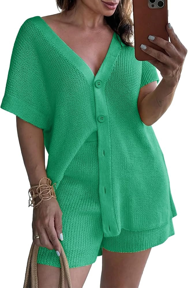 Saodimallsu Womens 2 Piece Outfits Sweater Sets Summer Oversized Cap Sleeve Button Up Cardigans T... | Amazon (US)