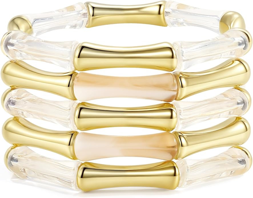 Gold Tube Bangle Bracelets for Women Stackable Bamboo Chunky Acrylic Beads Stretch Friendship Sum... | Amazon (US)
