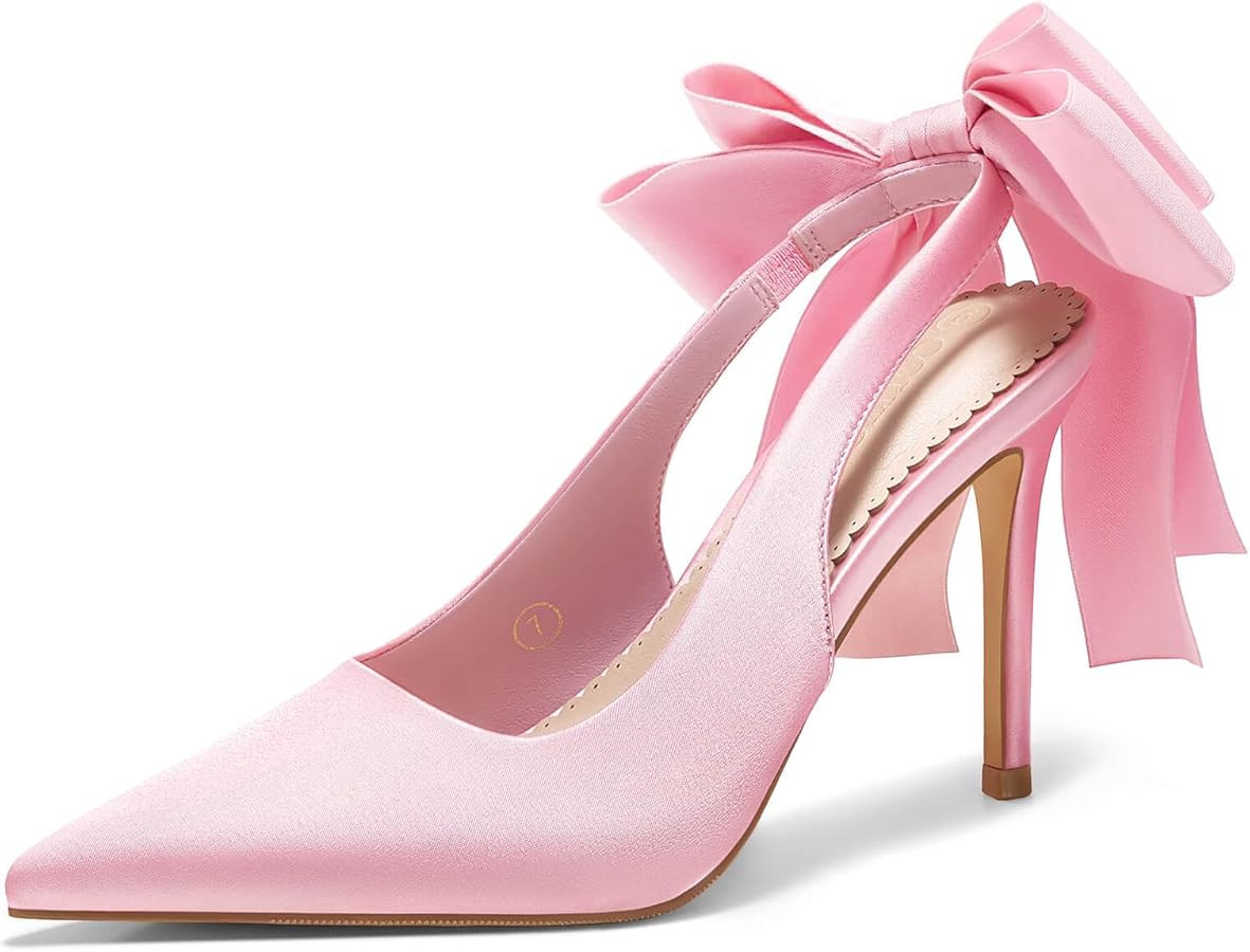 Coutgo Womens Slingback High Heels with Bow Closed Pointed Toe Wedding Bride Dress Shoes Satin Pu... | Amazon (US)