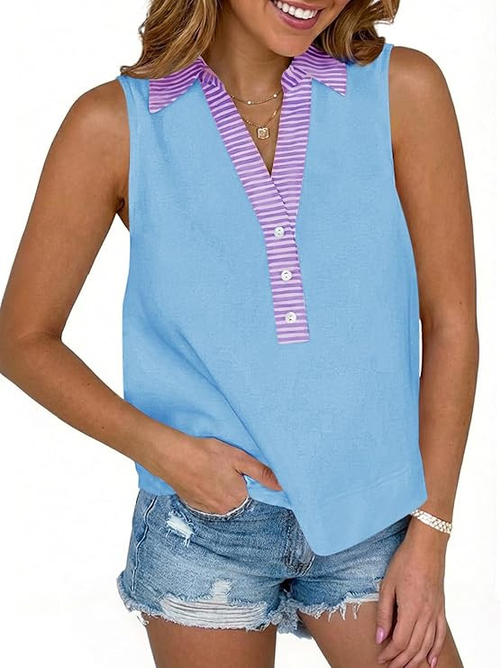 Tankaneo Womens V Neck Cropped Tank Tops Summer Dressy Casual Loose Fit Sleeveless Shirts Button ... | Amazon (US)