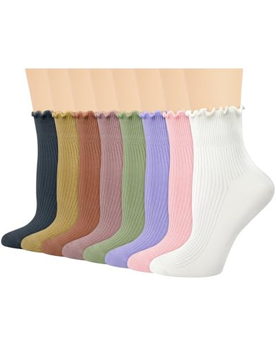 Ludaro 8 Pairs Ruffle Socks for Woman Girls, Soft Casual Knit Frilly Ankle Boot Quarter Stockings, Women's Cute Cotton Lettuce Edge Breathable Crew Socks | Amazon (US)