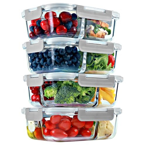 FIT Strong & Healthy 2 and 3 Compartment Glass Meal Prep Containers – Glass Bento Box for Adults, Portion Control, Food Storage, Lunch Container, Oven & Freezer Safe, Leak-Proof, 32 oz, Gray, 4 Pack | Amazon (US)