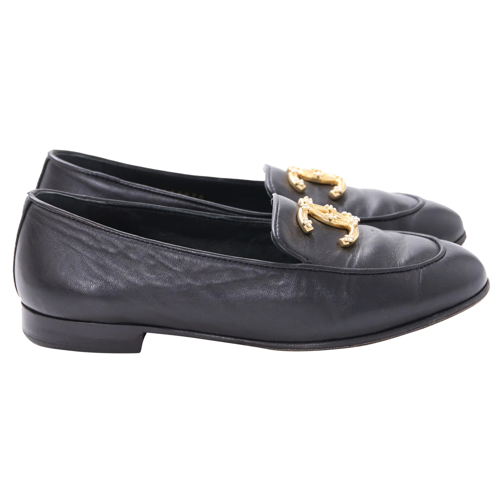 Chanel Pearl CC Loafers in Black Lambskin Leather | Shop Simon