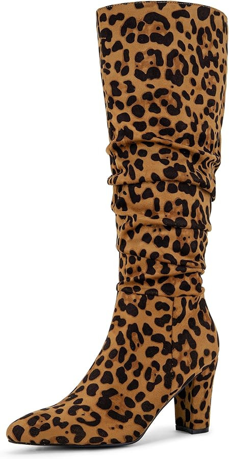 Allegra K Women's Slouch Pointed Toe Chunky Heel Knee High Boots | Amazon (US)