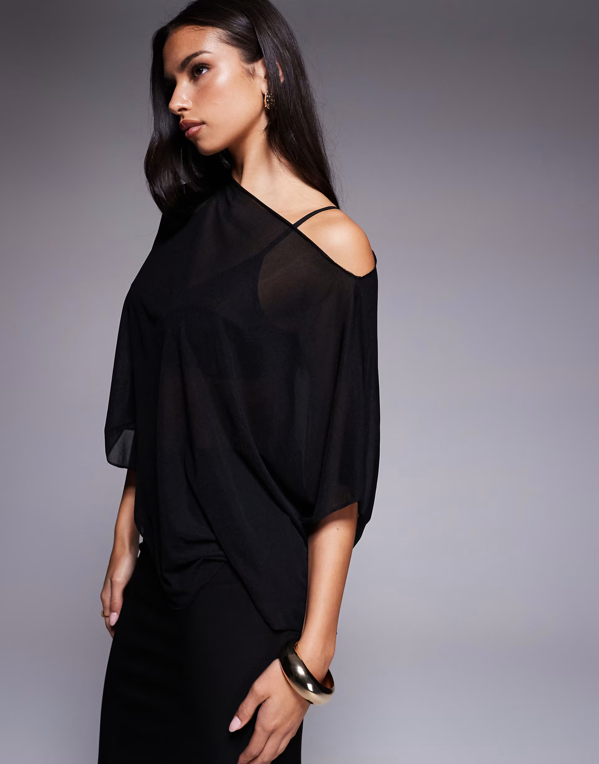 ASOS DESIGN sheer mesh one shoulder asymmetric slouchy cape top in black | ASOS | ASOS (Global)