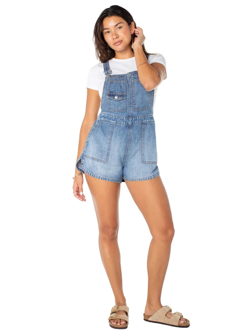 Celebrity Pink Women's Drapey Denim Dolphin Hem Shortalls, Sizes XS-XXXL | Walmart (US)