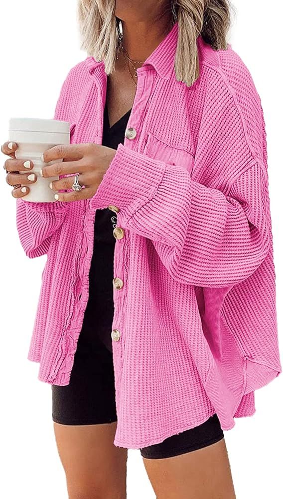 Nirovien Womens Waffle Knit Shacket Oversized Button Down Shirt Jacket Lightweight Long Sleeve To... | Amazon (US)