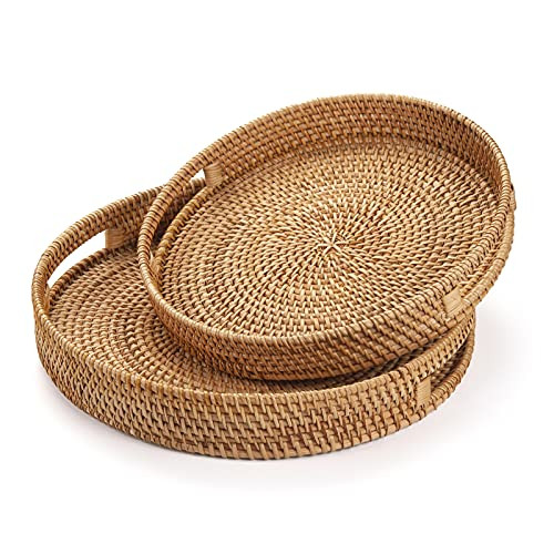 Rattan Round Serving Tray, Hand Woven Serving Basket with Cut - Out Handles, Wicker Fruit/Bread Serving Basket (11.8 + 14.2 inch) | Amazon (US)