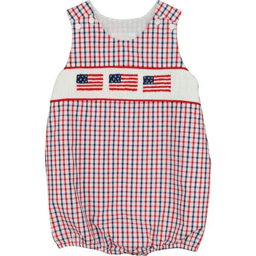 Navy And Red Windowpane Smocked Flag Bubble  - Shipping Mid May | Cecil and Lou