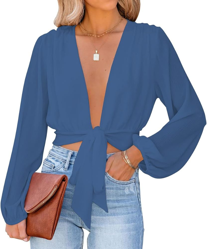 LYANER Women's Deep V Neck Tie Front Knot Long Sleeve Sexy Wrap Crop Top Blouse | Amazon (US)
