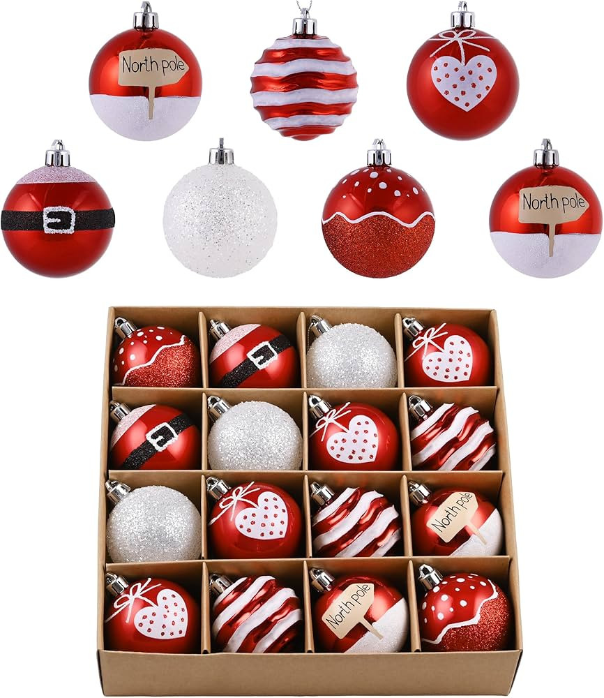 Valery Madelyn Christmas Baubles Set 16pcs 60mm, Traditional Red and White Christmas Ball Shatter... | Amazon (UK)