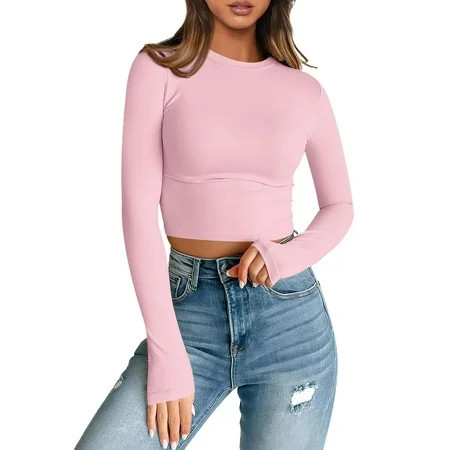 NAMTYQX Womens Tops Crew-Neck Long Sleeve Crop Top Slim Coloured Womens Long Sleeve Tops Pink Size S | Walmart (US)