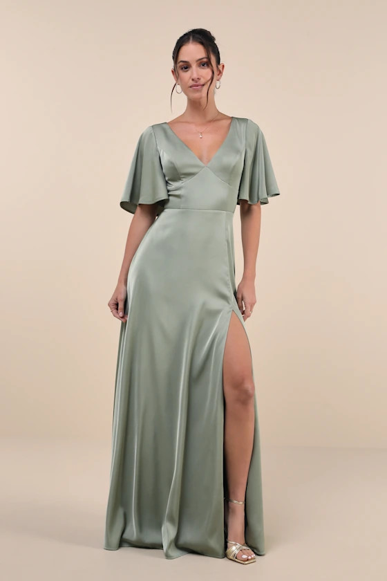 Elegant Confidence Sage Satin Flutter Sleeve Cutout Maxi Dress | Lulus