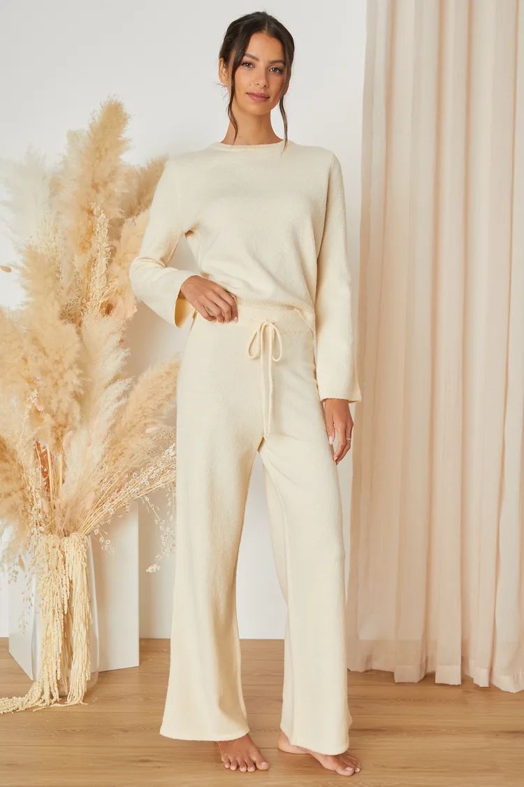 Cozy All Over Cream Textured Wide-Leg Sweater Pants | Lulus (US)