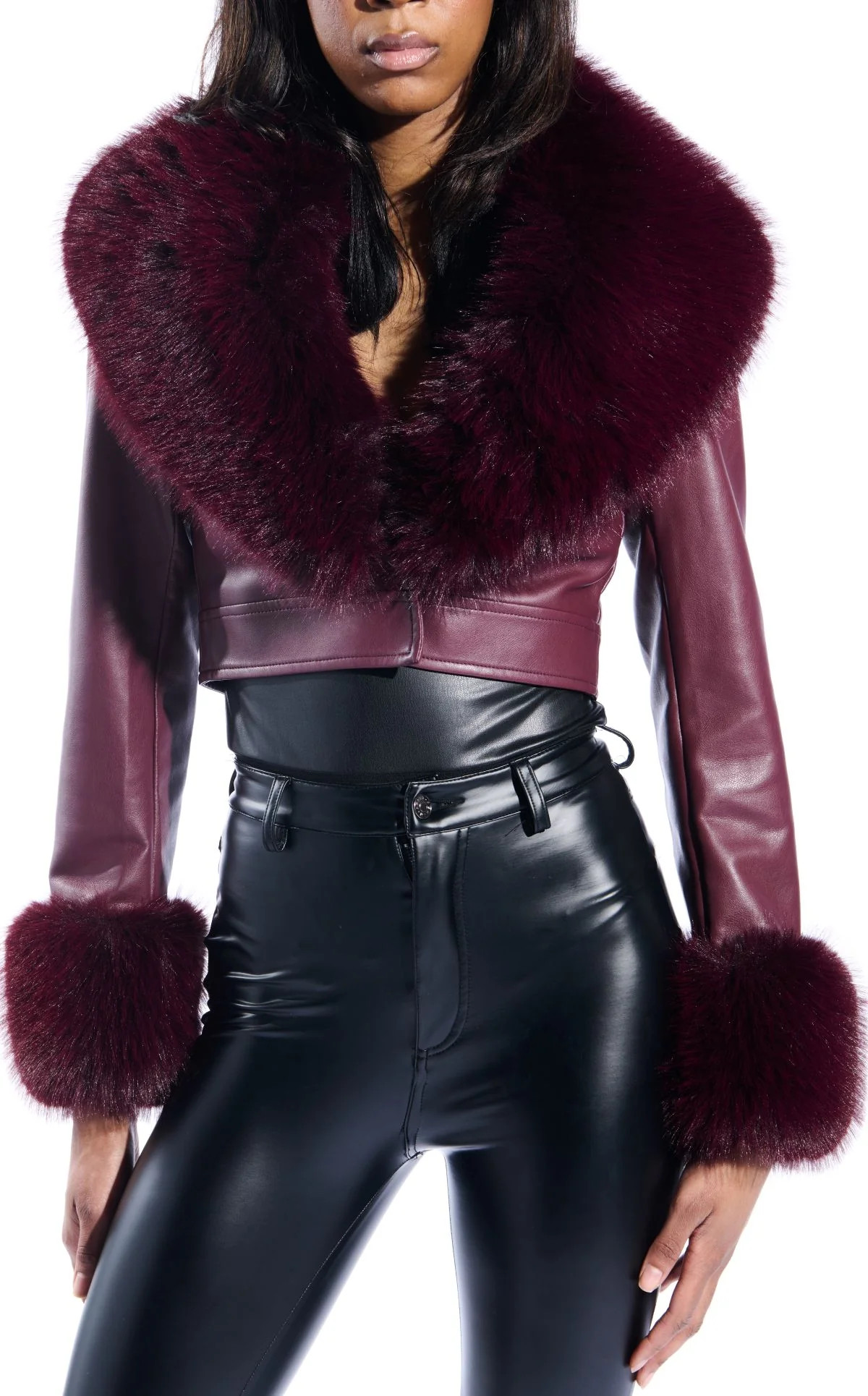 GISELE-BURGUNDY FAUX FUR JACKET | Azalea Wang