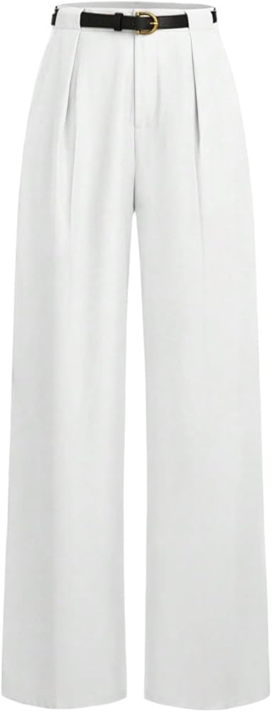 MakeMeChic Women's Work Pants Straight Leg Zip Fly Belted Business Casual Trousers Teacher Pants | Amazon (US)