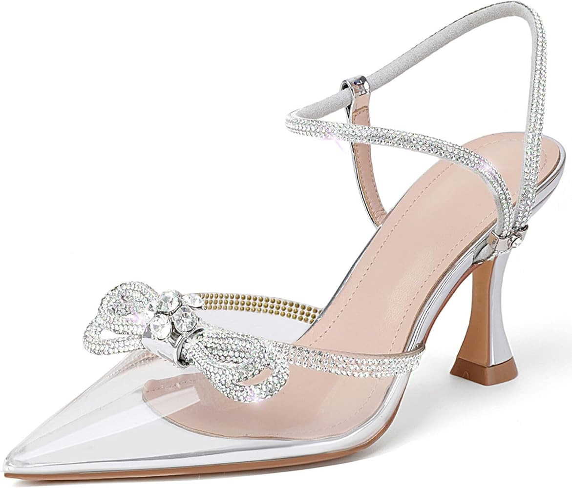 Susanny Women's Closed Toe Rhinstone Wedding Low Heel Slingback Clear Kitten Heels,Adjustable Strap  | Amazon (US)