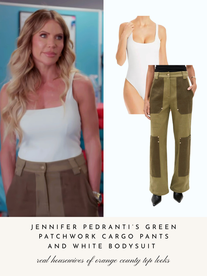 Jennifer Pedranti's Green Patchwork Cargo Pants and White Bodysuit 

 