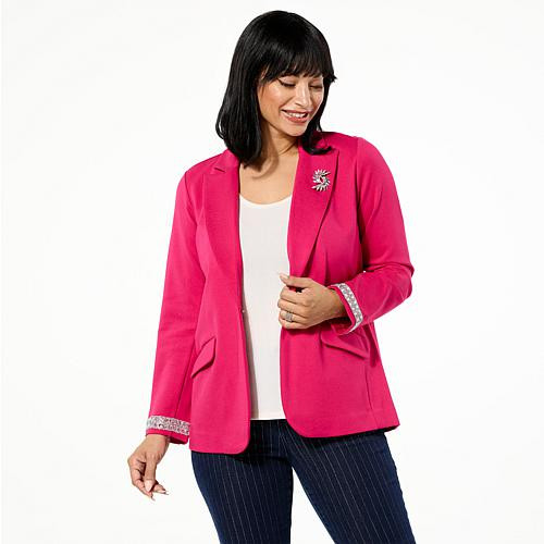 Colleen Lopez Knit Blazer with Jeweled Sleeve - Pink Hibiscus - Size XX-Small | HSN