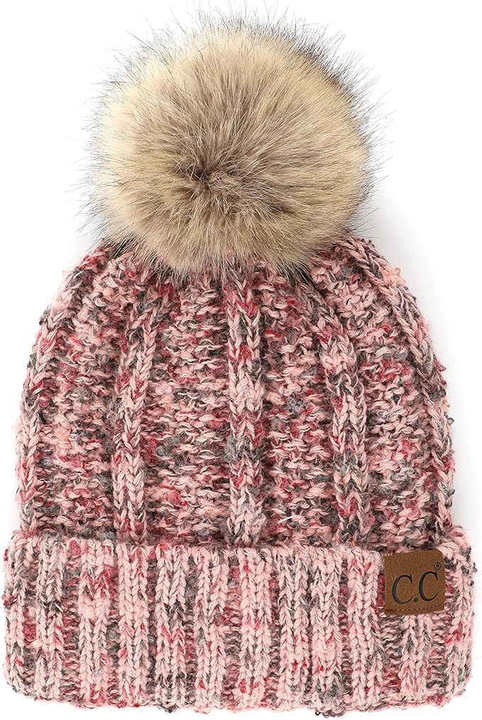 C.C Exclusives Fuzzy Lined Knit Fur Pom Beanie Hat (YJ-820) | Amazon (US)