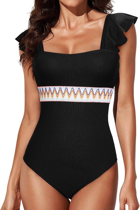 Aleumdr Women's One Piece Swimsuit Ruffle Tummy Control Bathing Suits Color Block Ribbed Swimwear | Amazon (US)