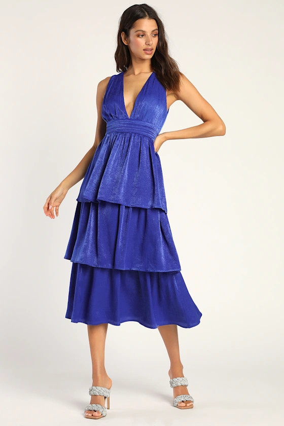 Peak Party Vibe Cobalt Blue Satin Tiered Tie-Back Midi Dress | Lulus (US)