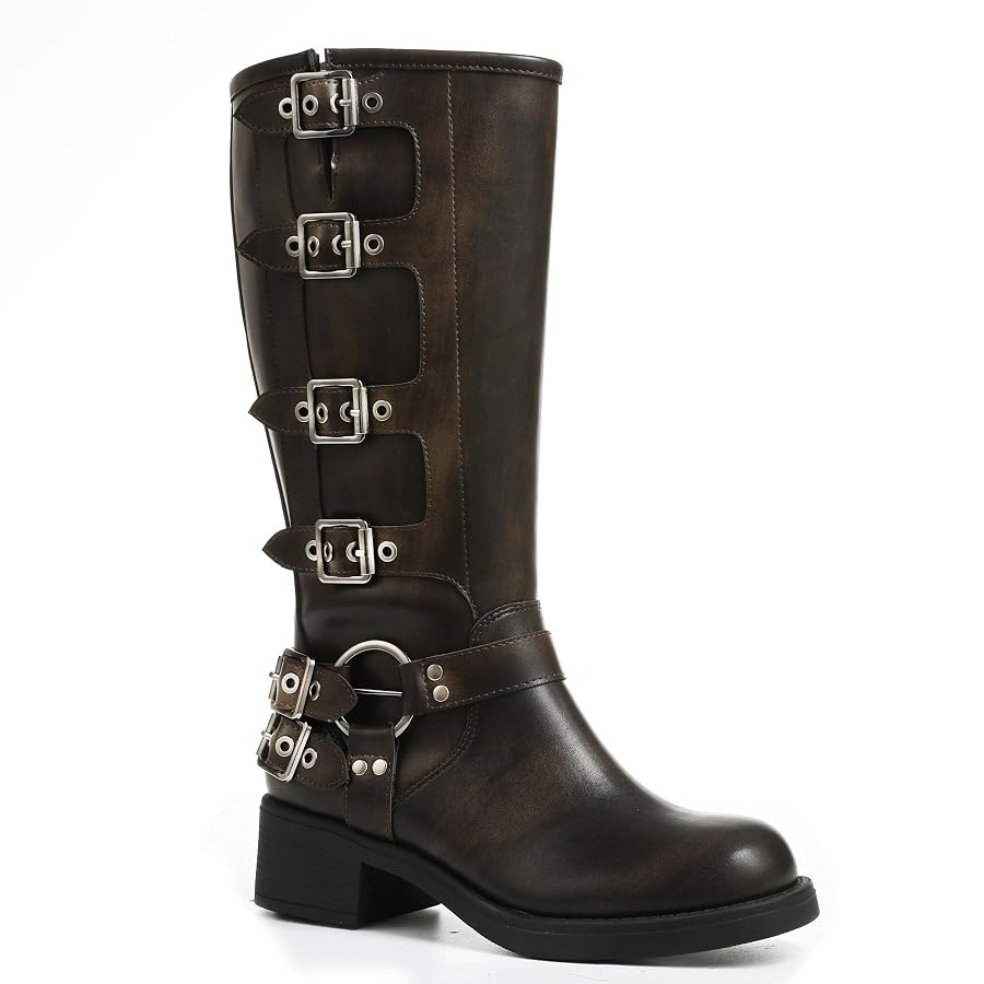 AMINUGAL Knee High Boots Women Square Toe Pull On Wide Calf Riding Fashion Buckles Chunky Metalli... | Amazon (US)